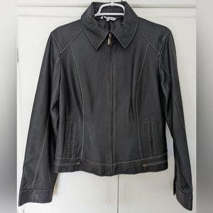 Cabi Black Leather Motorcycle Style Jacket with Zipper and Contrast Stitching